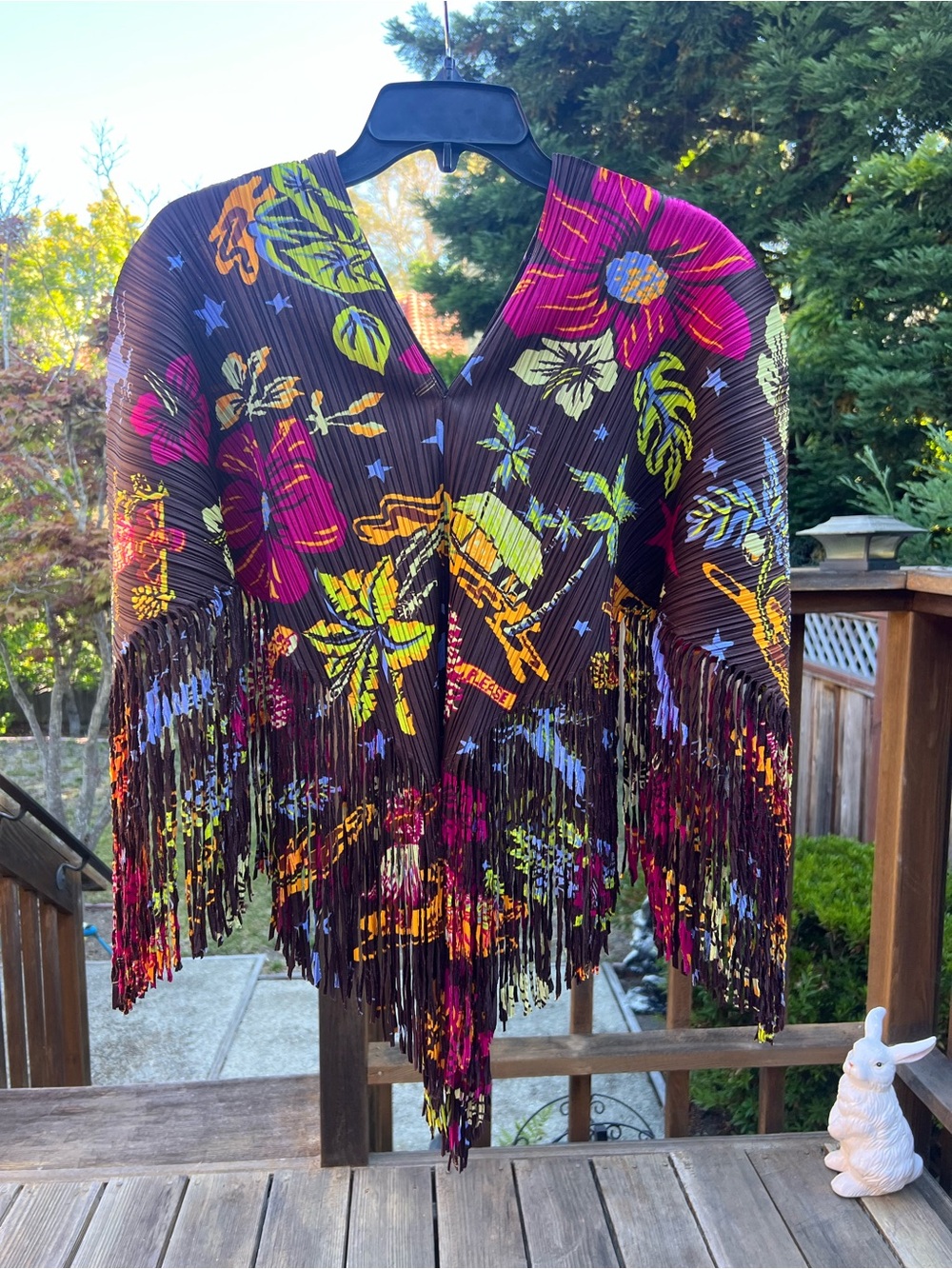 Vintage Pleats Please Issey Miyake Pleated Floral Fringe Cape Poncho Wrap